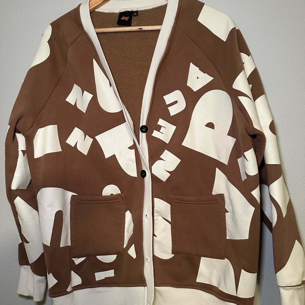 Brown and Cream Lettering Graphic Cardigan